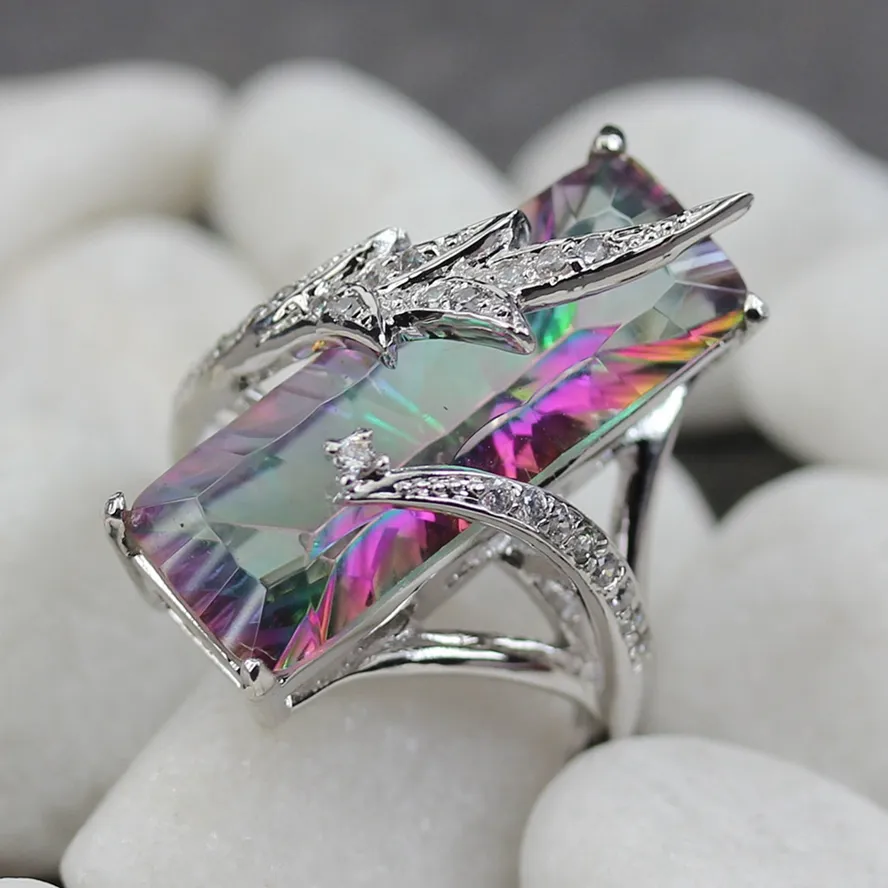 Bezel Setting Rhodium Plated Ring White and Rainbow Cubic Zirconia R772 Maat # 6 7 8 9 Romantic Style Dames Sieraden Gift Rave Reviews