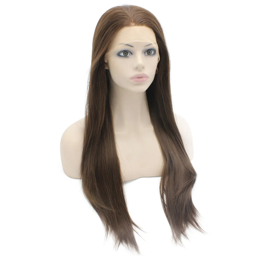 24" Long Brown Wig Silky Straight Half Hand Tied Heat Resistant Synthetic Fiber Lace Front Fashion Wig