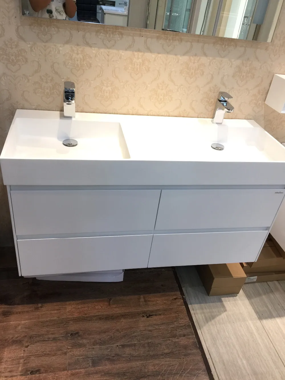 Meubles de salle de bain de 1200 mm Double bassin de surface solide avec vanité de salle de bain en bois SOILD Cabinet de salle