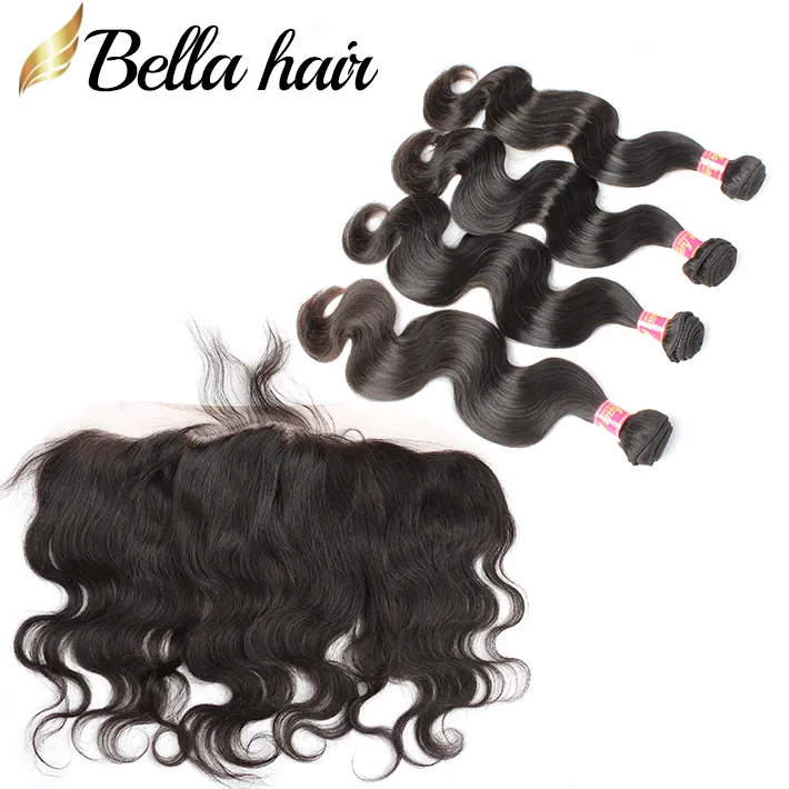 Brazilian Body Wave 4 Bundles with Lace Frontal 13x4" Human Hair Frontal Virgin Hair Extensions Double Weft Natural Color Bellahair