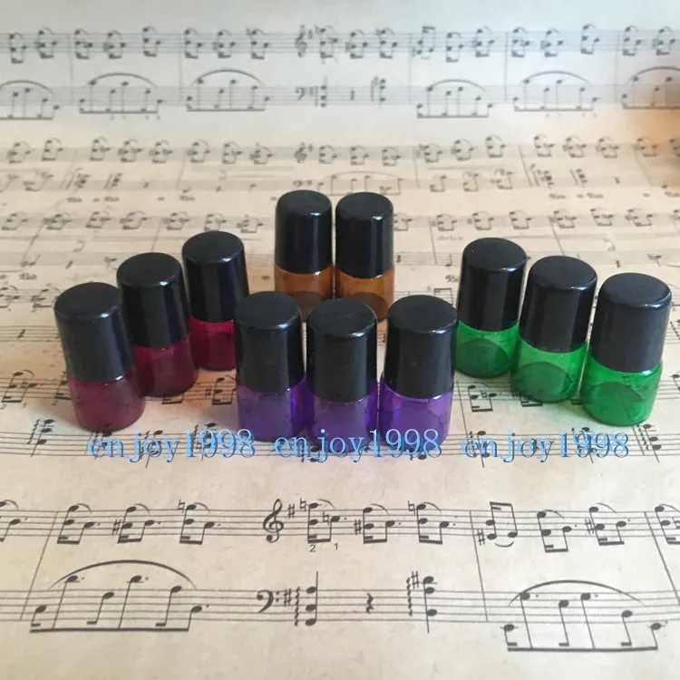 1 ml Glas-Rollerflasche für ätherisches Öl, 600 Stück, hochwertiges Bernstein, Lila, Grün, Rot, 1 ml Mini-Samlle-Eliquid-Rollerflaschen mit SS-Kugel