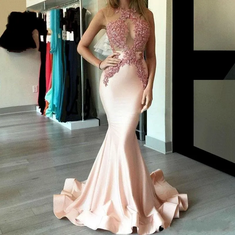 Blush Pink Mermaid Evening Dresses 2023 Satin Applique Lace Beaded