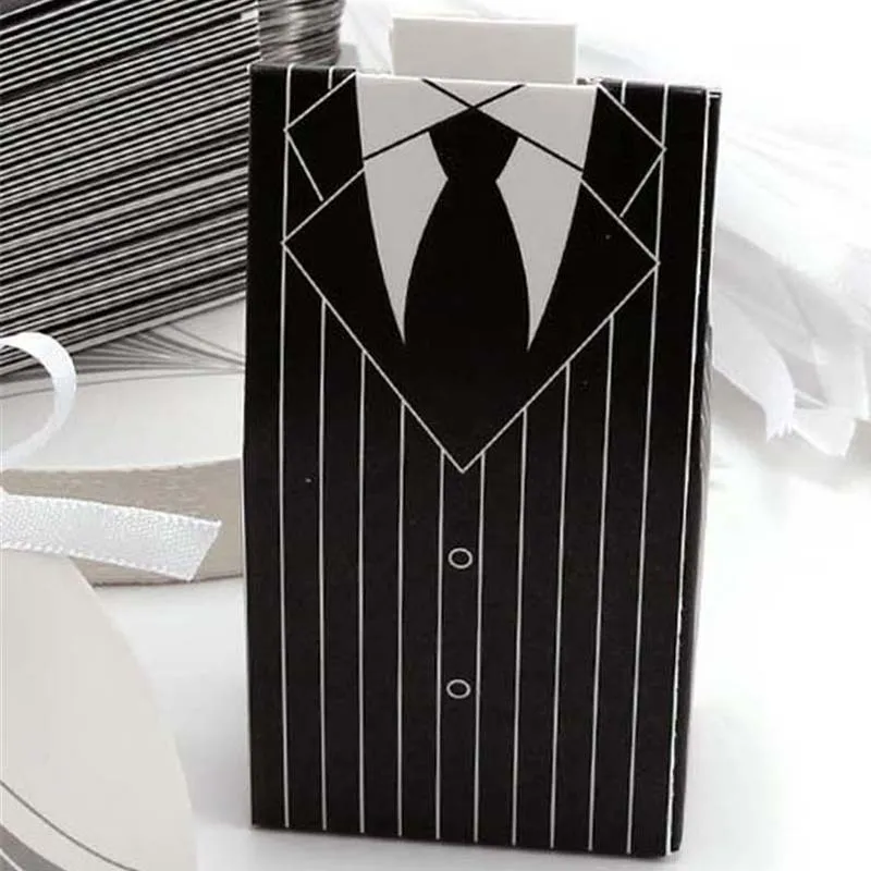 100 sztuk  Europejski Styl Tuxedo Dress Bride Groom Wedding Favors Candy Boxes Bomboniera Party Pudełka z wstążkami LZ0082