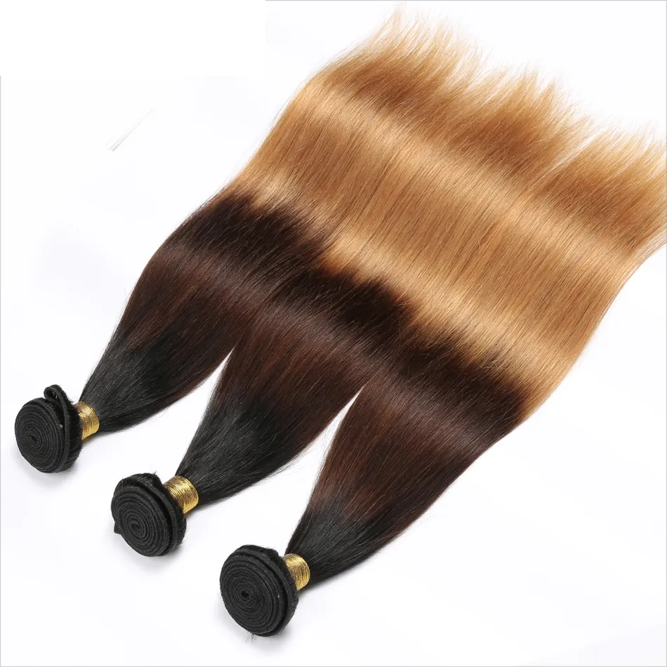 Peruvian Rak humant hår Remy Hair Weaves Ombre 3 toner 1b / 4/27 Färg Dubbel Weft 100g / pc kan färgas blekt