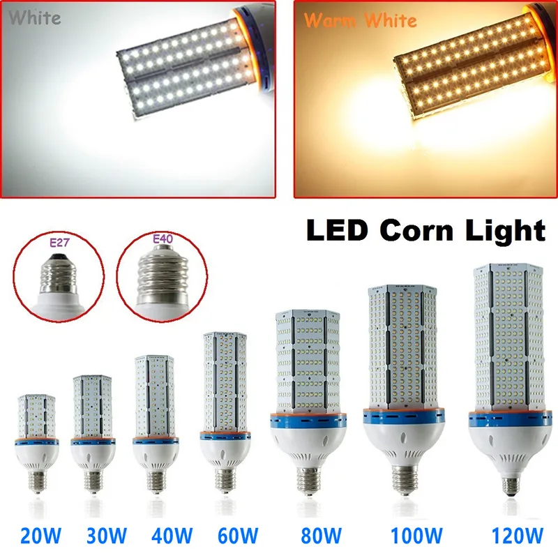 슈퍼 밝은 LED 옥수수 전구 E40 60W 80W 100W 120W LED 옥수수 빛 360 각도 SMD2835 LED 램프 조명 AC 100-300V