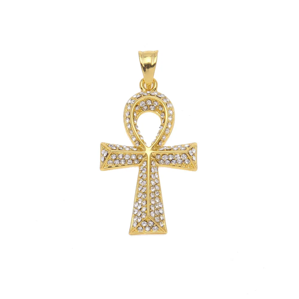 Złoty Naszyjnik Egipski Biżuteria Hip Hop Wisiorek Bling Rhinestone Kryształowy Klucz do życia Egipt Krzyż Łańcuch Naszyjnik