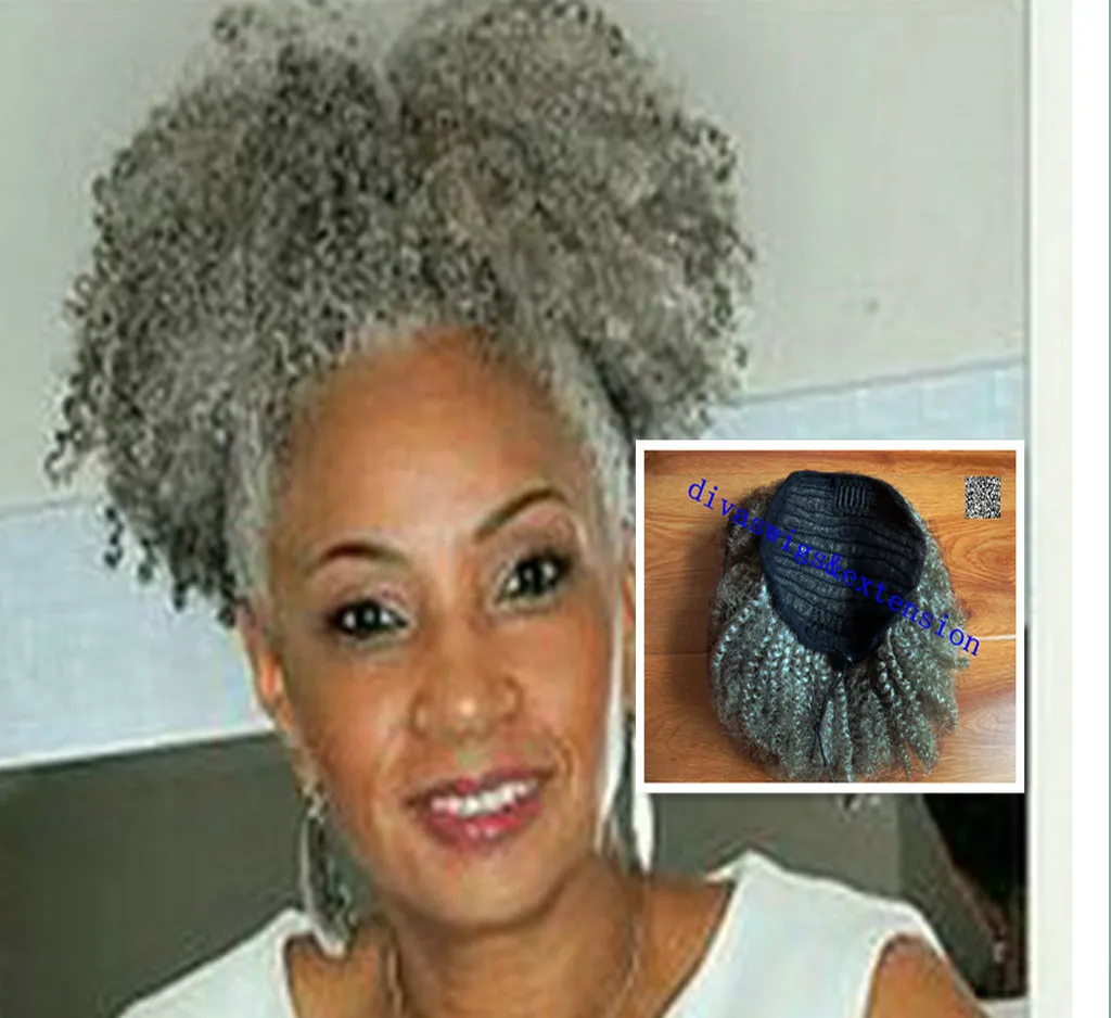 Factory grossist grå afro hästsvans hår förlängning, grå silver kinky lockig kort hög naturlig puff mänsklig hårförlängning 14inch 120g