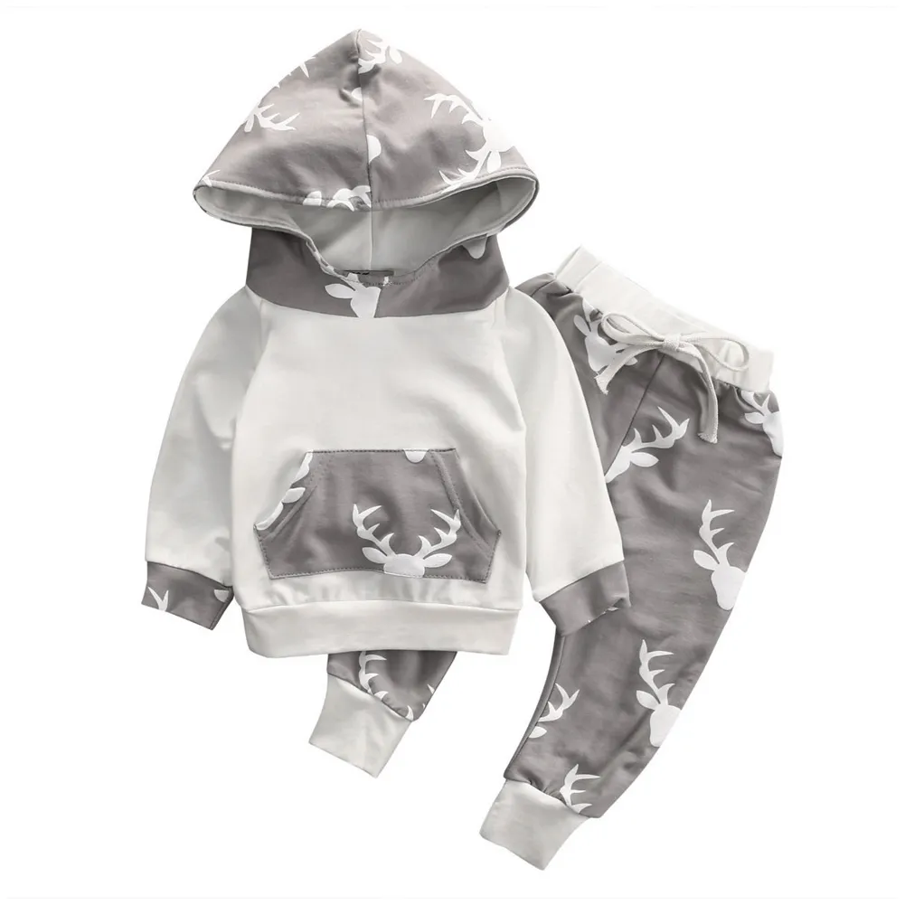fall autumn Newborn Baby Boy Girls Clothes Cute Christmas Tops Deer Hooded + Striped Long Trousers Outfit Kids Clothing Set