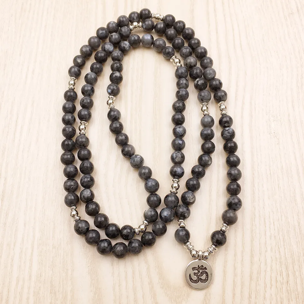 SN1146 Top Design Labradorite Wrap Bransoletka Męska bransoletka Yoga 108 Mala lub naszyjnik Srebrny Lotus Ohm Buddha Bransoletka 2706