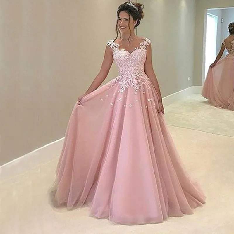 Atemberaubendes Ballkleid, lang, errötend rosa, Abend-Party-Kleider, A-Linie, Illusion, V-Ausschnitt, durchsichtiger Rücken, bodenlanges Gästekleid