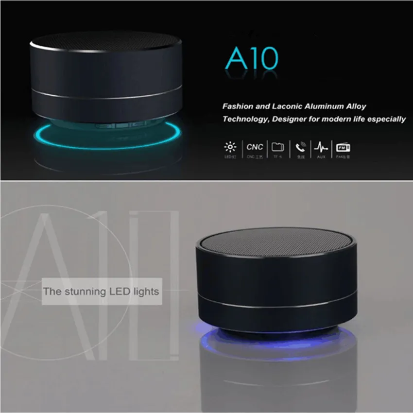 Il più nuovo mini altoparlante portatile Bluetooth A10 LED Altoparlanti Bluetooth senza fili in metallo Microfono Portatile Super Bass Subwoofer Scheda TF 9115872