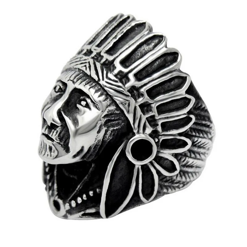 Europeisk och amerikansk retro punk Indian Chief Peint Finger Ring Tillströmning av personer av icke-vanliga män och kvinnor av titan stål ringar