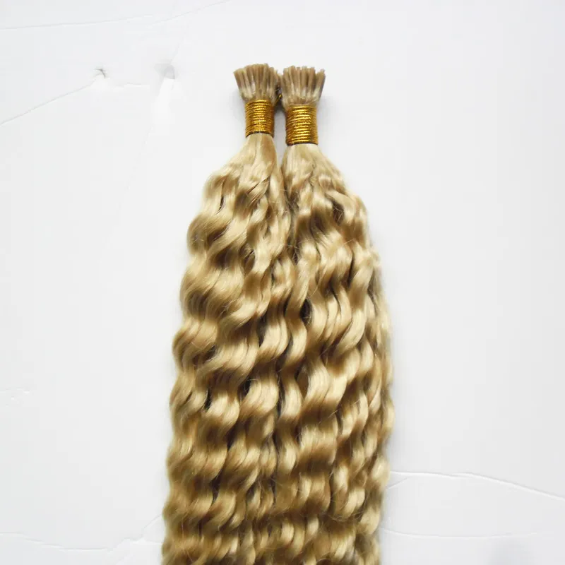 Extensão de cabelo de queratina loira encaracolada malaia eu ponta 100g 1gstrand cápsulas de fusão de cabelo pré-ligado queratina ponta de cabelo ex2749656