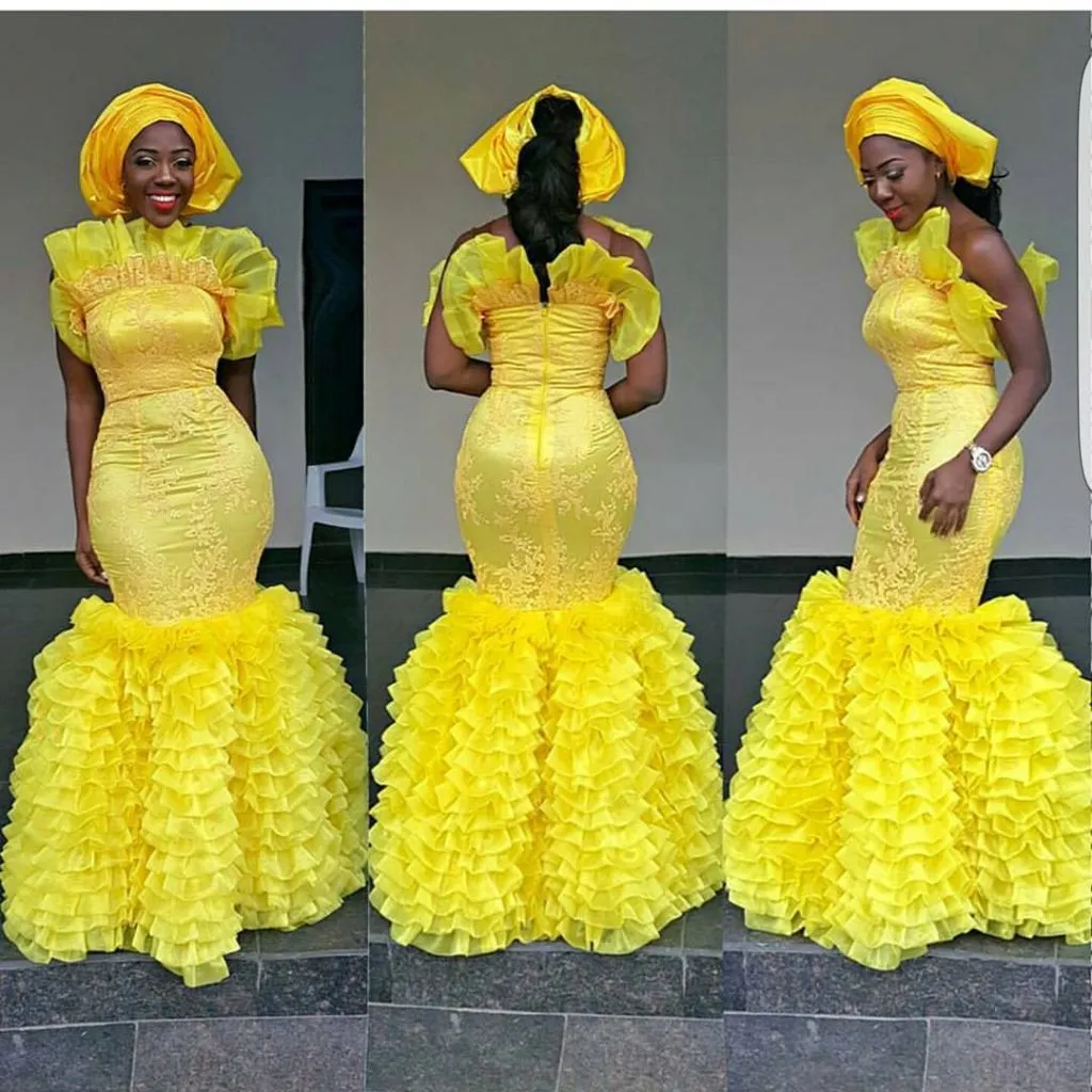 Aso Ebi Yellow Evening Dress Plus Size Mermaid Prom Gowns With Pleats Tiered Custom Made Applique Special Design Neckline Formal Party Gowns