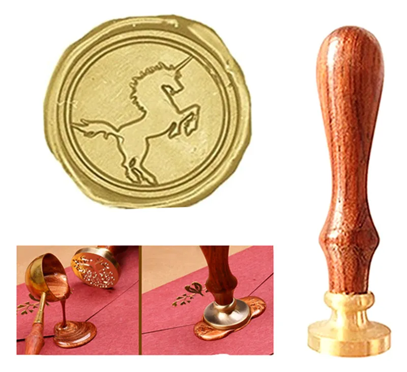 Vintage Custom Fancy Unicorn Personlig Bildbrev Logo Bröllopsinbjudan Vaxtätningsstämpel Rosewood Handtag Set