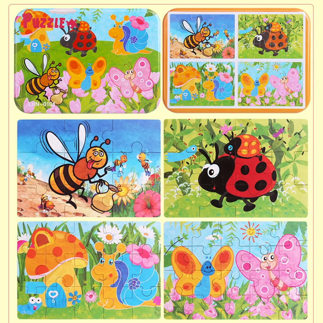 Wooden Puzzle Cartoon Toy 3D Wood Puzzle Iron Box Package Jigsaw Puzzle for Child Educational Montessori Wood