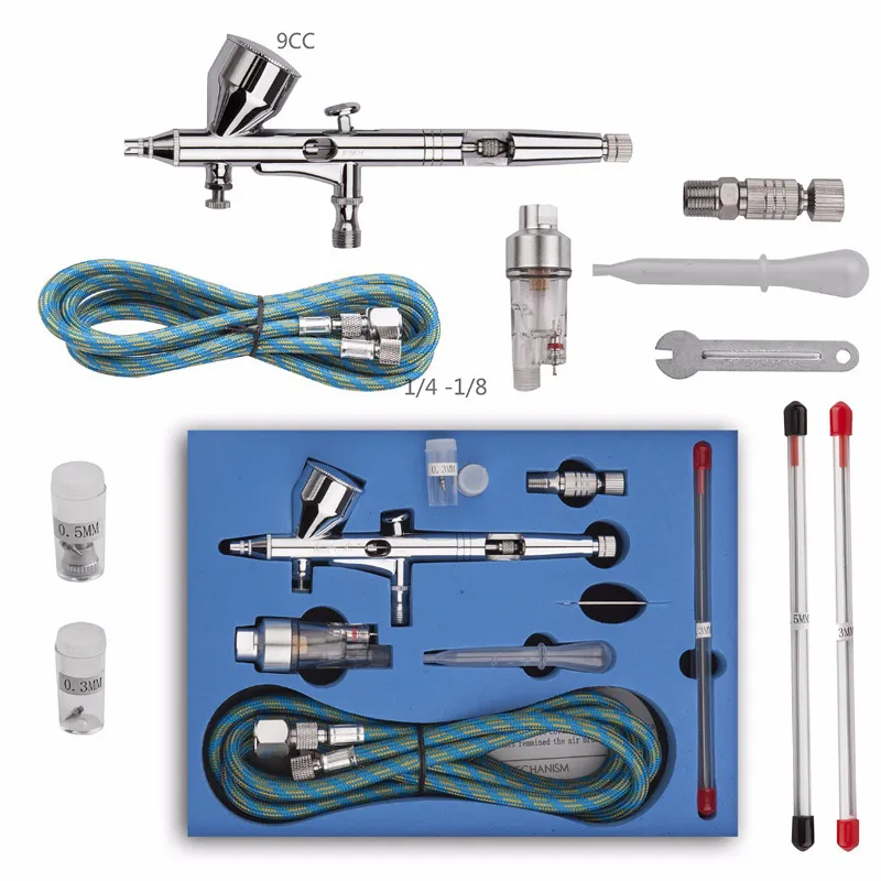 듀얼 액션 에어 브러시 키트 임시 문신 세트 0.2mm / 0.3mm / 0.5mm 바늘 에어 브러시 comperssor 바디 페인트 아트 스프레이 건