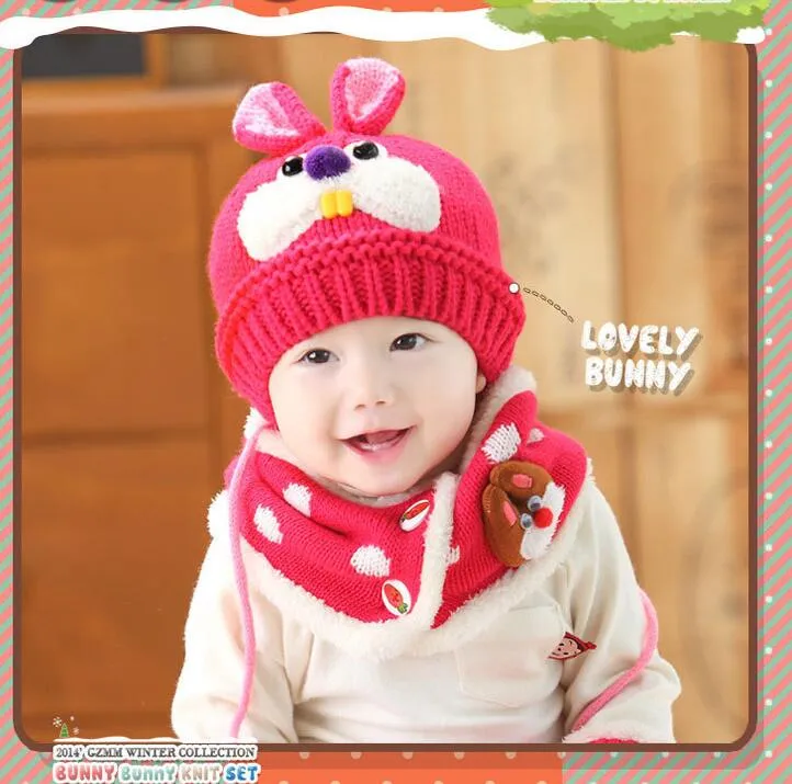 Winter Rabbit Ear beanie Kids Baby Hats Lovely Infant Toddler Girl Boy Beanies Cap Warm Baby Hat+Hooded Knitted Scarf Set Earflap Caps