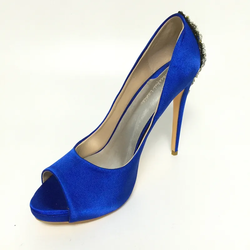 Royal Blue Satin Bröllopsskor Kristaller Rhinestones Kvinnor Pumpar Stilettos Plattform Sapato Para Noiva Sko Slip-On Sandal För Kvinnor Real