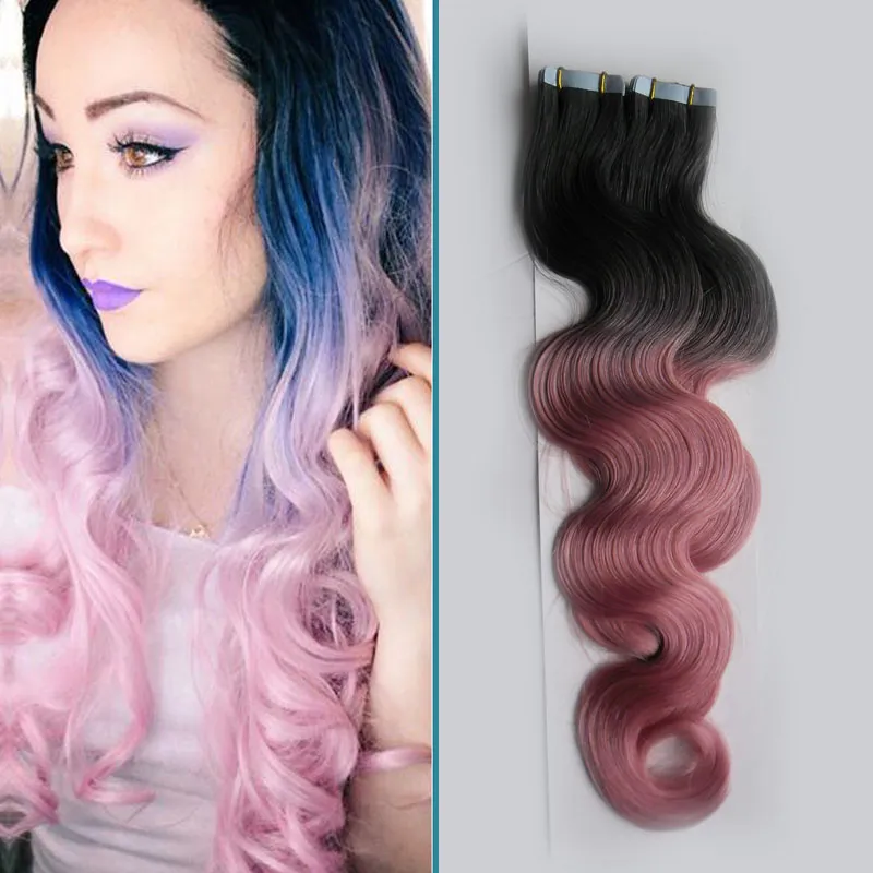 Rey Ombre Human Hair Tape In Hair Extensions Body Wave 100g 40st # 1b / Pink Ombre Tape In Human Hair Extensions