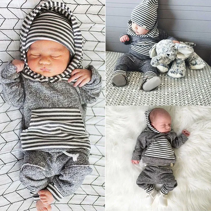 赤ちゃんの男の子の服春秋幼児の服生物の赤ちゃんの縞模様の長袖Tシャツトップパーカー+ズボン2ピース服セット男子服