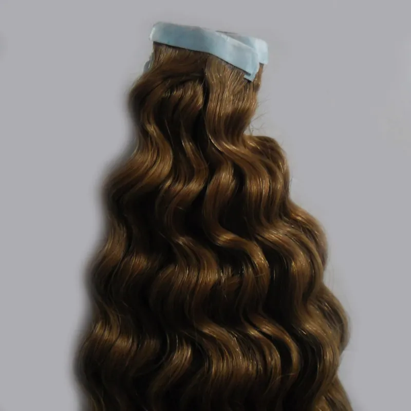 Ruban brun clair dans les extensions de cheveux humains 100g 100% Virgin Remy Natural Cheveux Humains Humains Vague profonde Ruban adhésif dans les cheveux humains