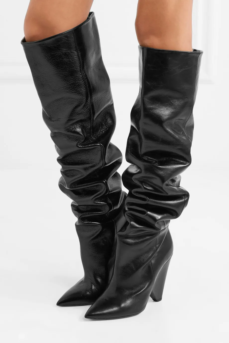 2017 mode femmes botte en cuir noir genou haute chaussons bout pointu talon pointu bottes chaussures de fête femmes sans lacet mujer botas