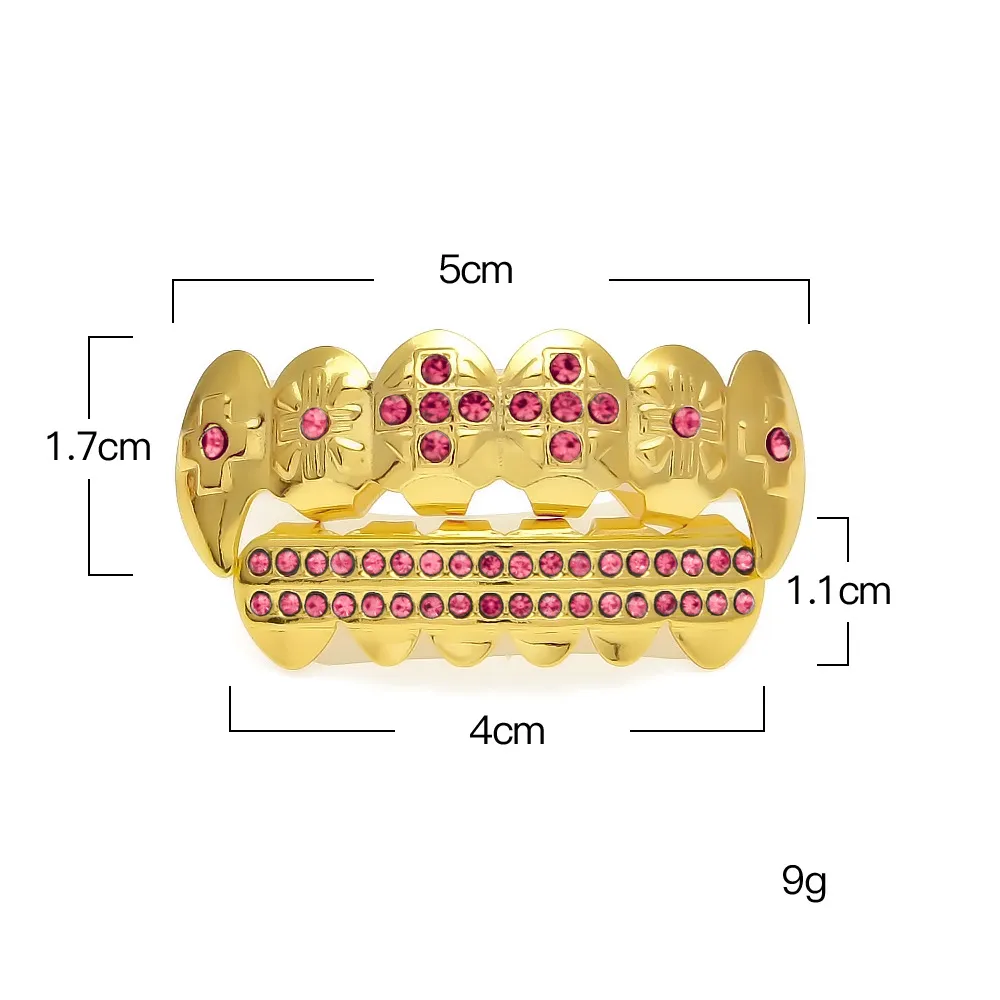 New Gold Plated Iced Out Blue CZ Strass Hip Hop Denti bocca GRILLZ Caps Top Bottom Grill Set Denti da vampiro Gioielli