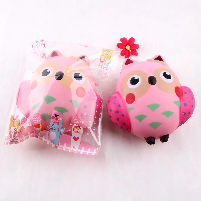 Groothandel 12 cm Leuke Squishy Kawaii Pink Owl PU Zachte Slow Rise Telefoon Strap Squeeze Break Kids Toy Verlichten Angst Fun Gift