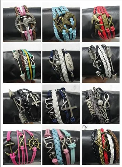 Aléatoire 50 styles 30pcs Bracelet en cuir Infinity Cross Anchor Love Heart Owl Believe Pearl Charm Couple Bracelet