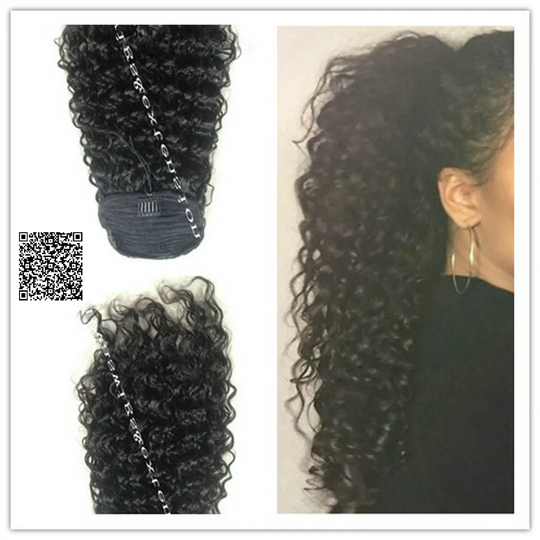 Kinky Curly Cabelo Humano Rabo de Cavalo rabo de cavalo Virgem 10A Com Cordão Rabo de Cavalo 1b Cabelo Humano Para As Mulheres Negras 1 pedaço de extensão do cabelo