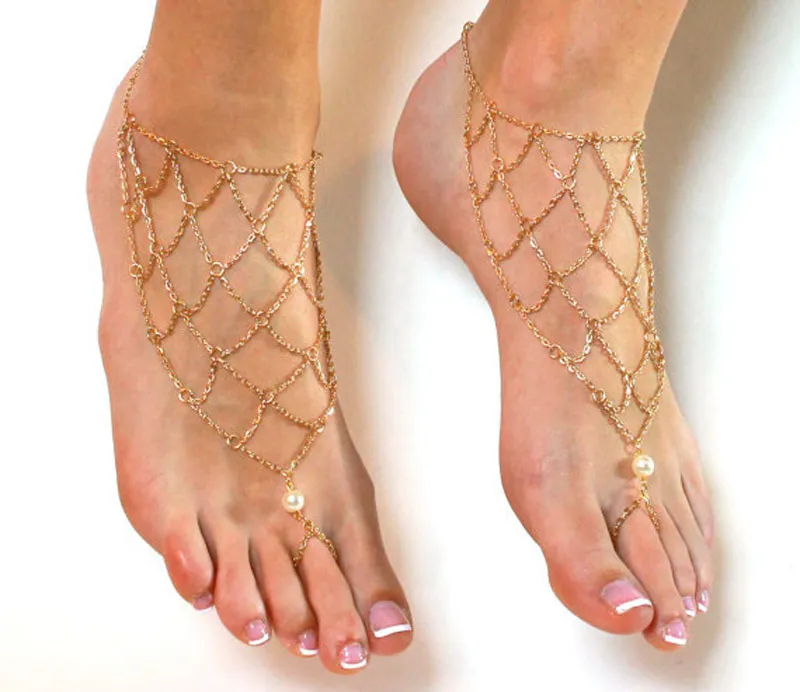 Neue sexy Metallketten-Fußkettchen für Frauen, Barfußsandalen, Knöchelarmbänder, goldene Beinkette, Knöchelbikini, Strandfußschmuck, Netzknöchel2304