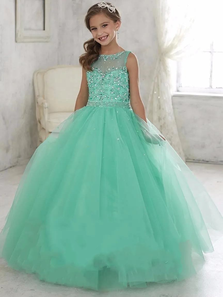 여자를위한 화려한 친교 크리스마스 미인 대회 드레스 tulle beaded crystal ball gown 레이스 업 tulle 민트 그린 플라워 걸 드레스 저렴한