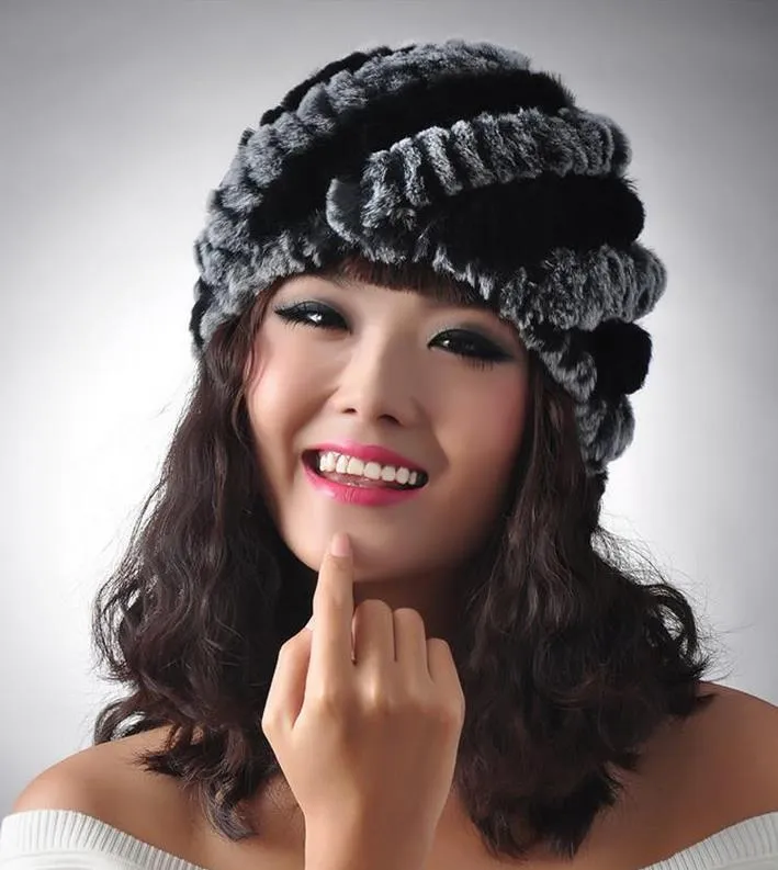Femmes élégantes vraie fourrure tricot chapeau lapin fourrure casquette hiver chaleur Beanie/crâne casquettes bonnet