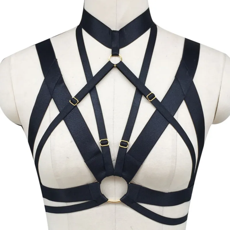 Mujeres Goth BONDAGE BODY HARNESS Cuerpo en forma de anillo en O de oro Jaula Sujetador Crop Top negro Correa elástica chica Sexo liguero ALTA CALIDAD Lencería