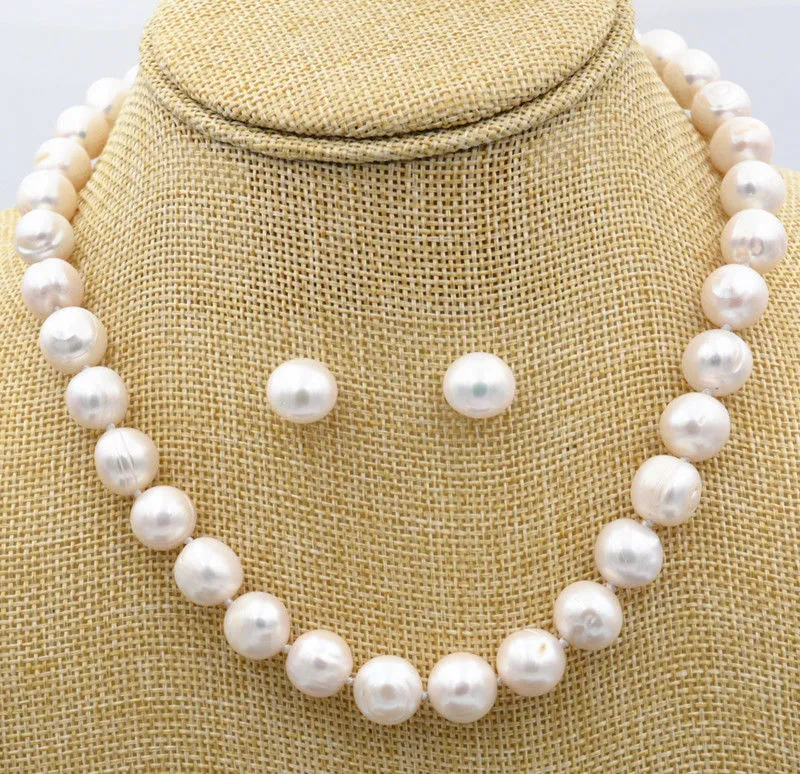 Женская мода ювелирные изделия 12-13 мм белый жемчуг ожерелье 18 " + серьги набор