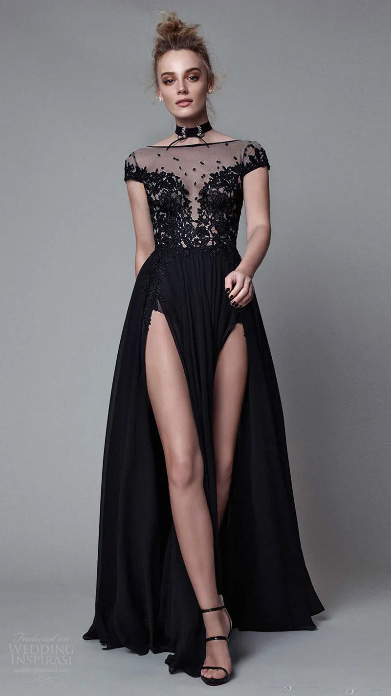 High Split 2017 Runway Fashion Show Evening Dresses Lace Sheer NeckApplique Cap Sleeve Prom Dresses Chiffon A Line Formal Party Gowns From 92 8 DHgate