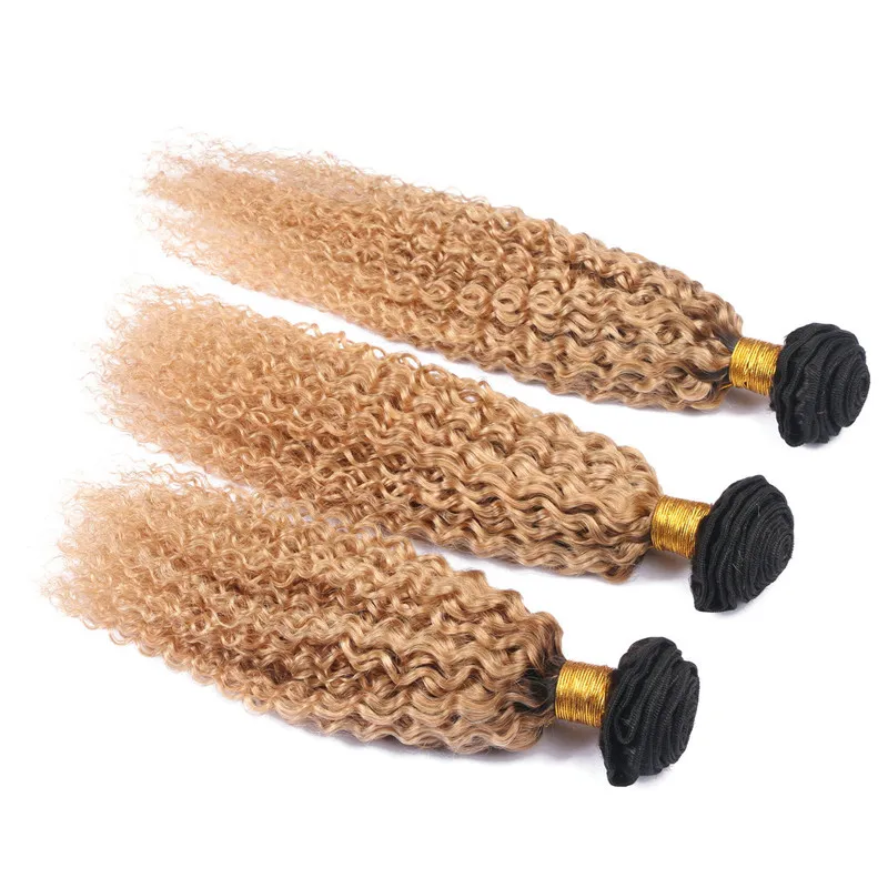 Kinky Curly Virgin Indian Honey Blonde Ombre Human Hair Weave Bundlar Två Tone 1B / 27 Ljusbrun Ombre Human Hair Extensions