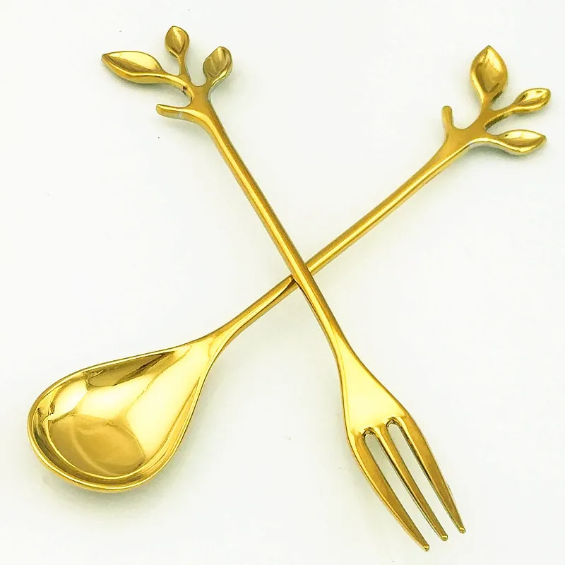 Kitchen Dining Bar Fashion Alloy Leaves Shaped Design Gold Silver Coffee Spoon Flatware Cutlery Dessert Spoon