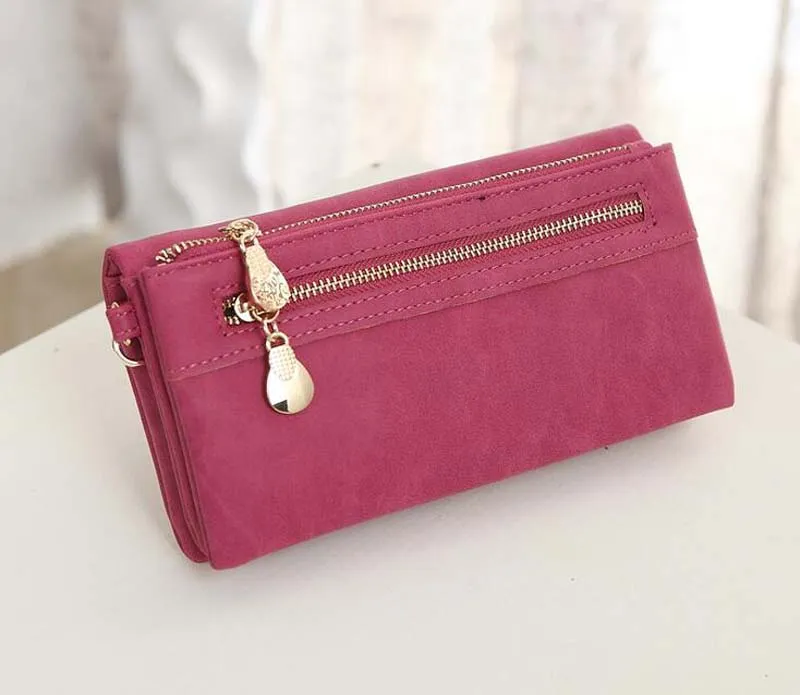 Portefeuilles en cuir poli mat pour femmes, pochette de jour à Double fermeture éclair, sacs à main avec bracelet, 50 pièces