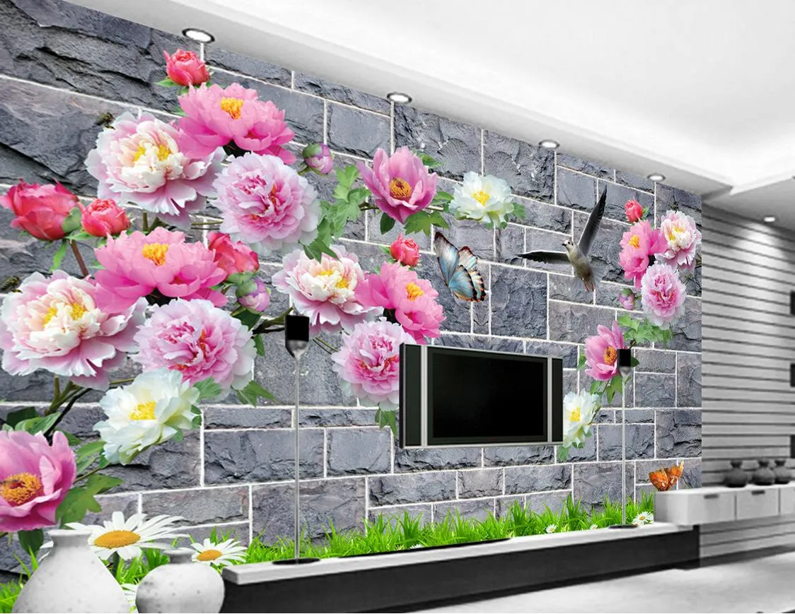 Peony Grid Wall TV Wall Decorative Painting muurschildering 3d behang 3d behang voor tv achtergrond