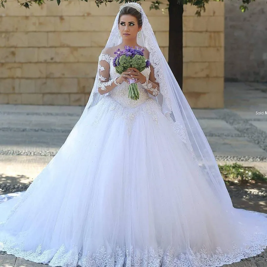 Suknia piłka suknia ślubna Klasyczna koronka z długim rękawem biała iluzja dekolt suknie ślubne Robe de Mariage Custom Made Princess Dresses