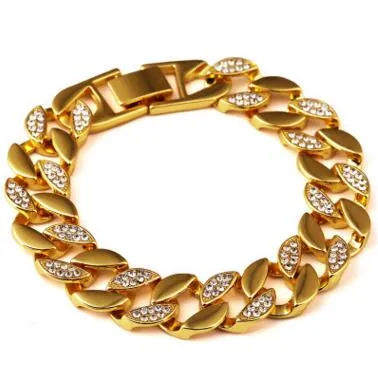 Bracciale prepotente a catena cubana con diamanti lucidi sovrapposti in oro 18 carati Hip Hop Bling