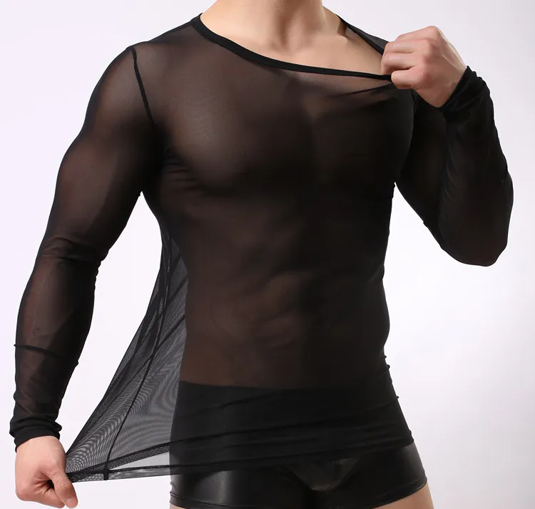 Undershirts Sexy Long-Sleeve T-Shirt Gauze Thin Breathable Mens Transparent Perspective Mesh Underwear Poleras Manga Larga De Mall2734