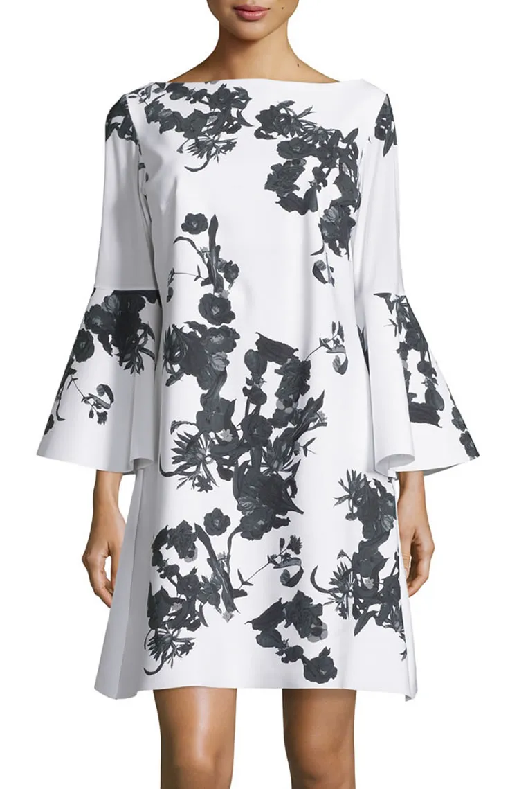 Flower Print Women Shift Dress Bell-Sleeve Mini Dresses 102065