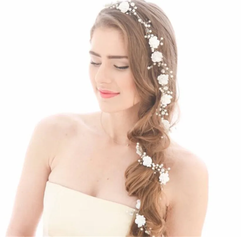 Wedding Bridal Flower Long Hair Chain Band Headband Crystal Rhinestone Crown Tiara Headpiece Jewelry Pearl Headdress Princess Quee7221942