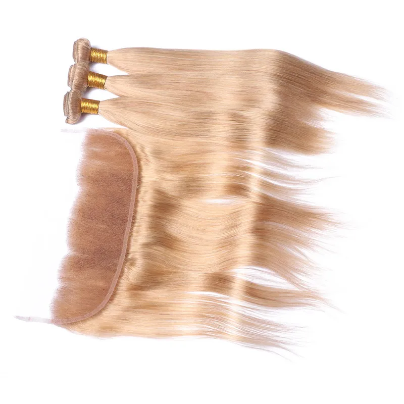Peruwiański # 27 Honey Blonde Human Hair Weaves z frontal Light Brown Silky Proste 13x4 Full Lace Frontal z 3 rozszerzeniami wiązek