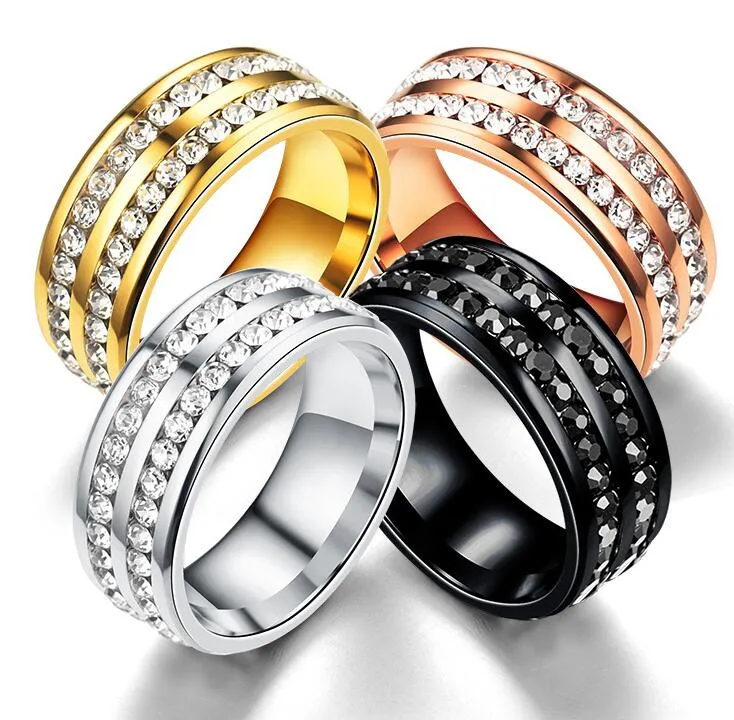 Top Verkoop Mode-sieraden Anique 316 Roestvrij Staal Rose Vergulde CZ Crystal 4 Kleur Edelstenen Vrouwen Bruiloft Engagement Mannen Ring Gift