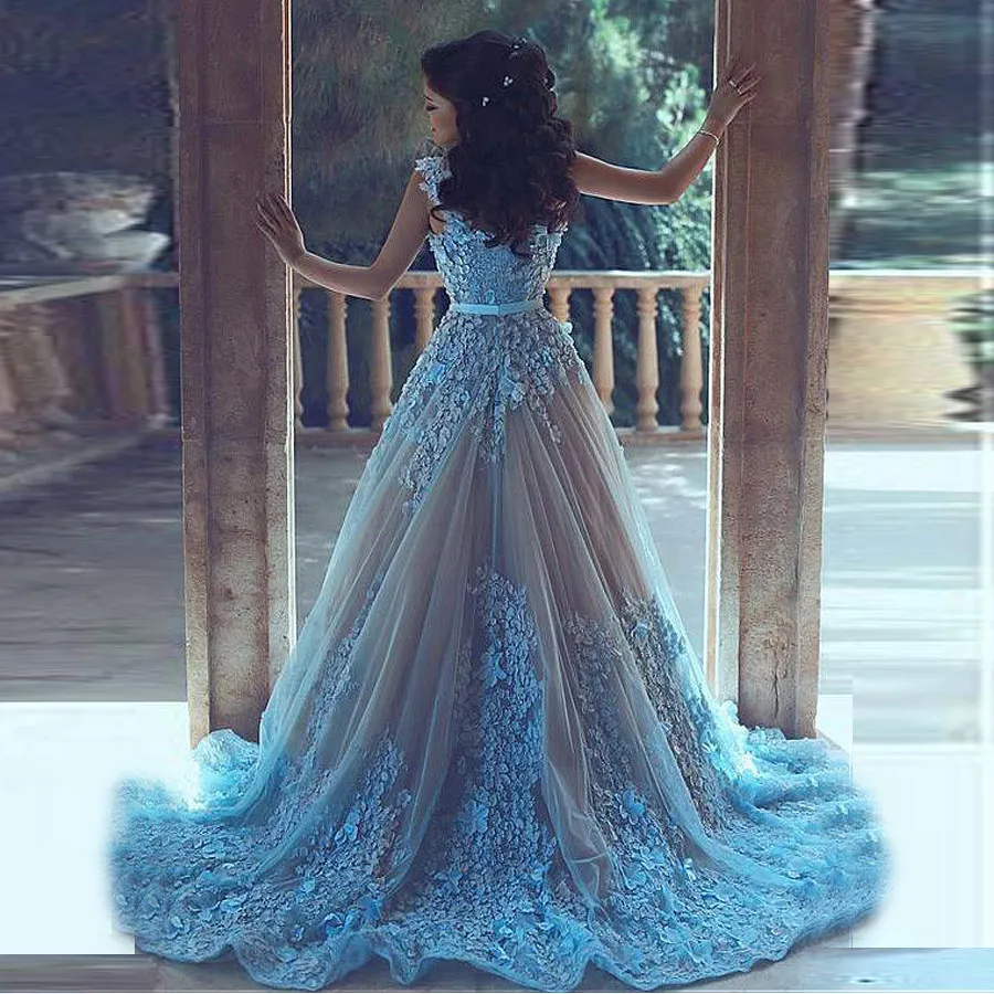 Magnifique Tulle Décolleté En Coeur A-ligne Robes De Soirée De Bal Avec Des Fleurs 3D Bleu Sur Mesure Longueur De Plancher 2019 Longues Robes De Soirée