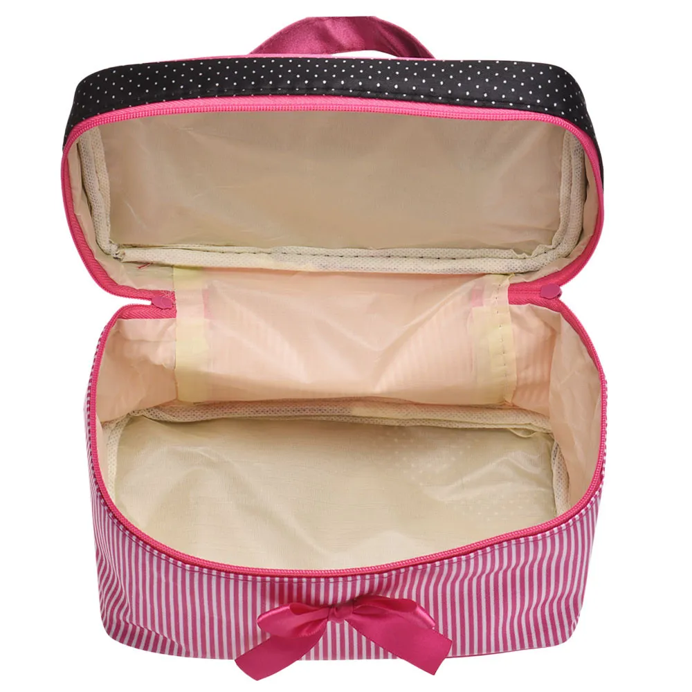 Prezzo più basso Borsa da donna Borsa quadrata a righe con fiocco Borsa cosmetica per biancheria intima Reggiseno intimo Borse a punti Borsa da viaggio Kit da toilette Sac